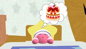 Kirby is dreaming of a cake.